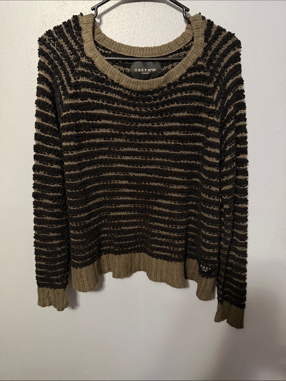 Obey Olive Green & Black Textured Stripe Crew Sweater